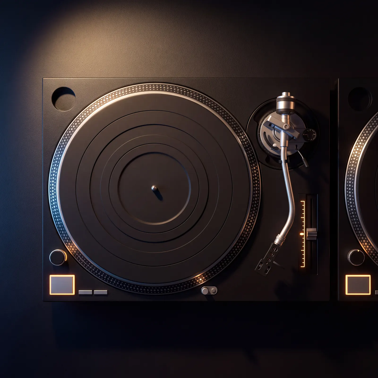 A DJ turntable seen from above under a single warm lamp, tonearm resting beside the platter