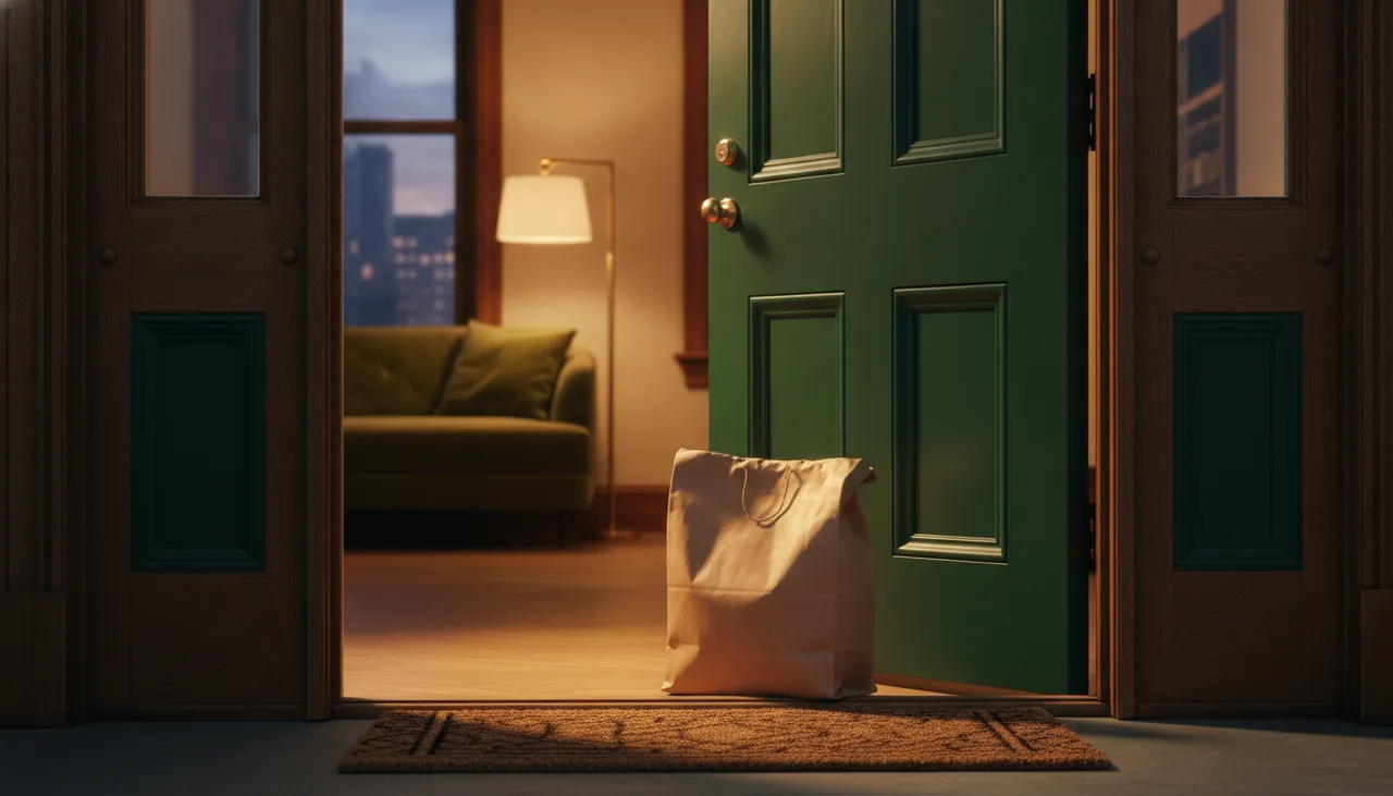 Sealed kraft-paper cannabis delivery bag resting on a welcome mat just inside an opened Queens apartment doorway at dusk