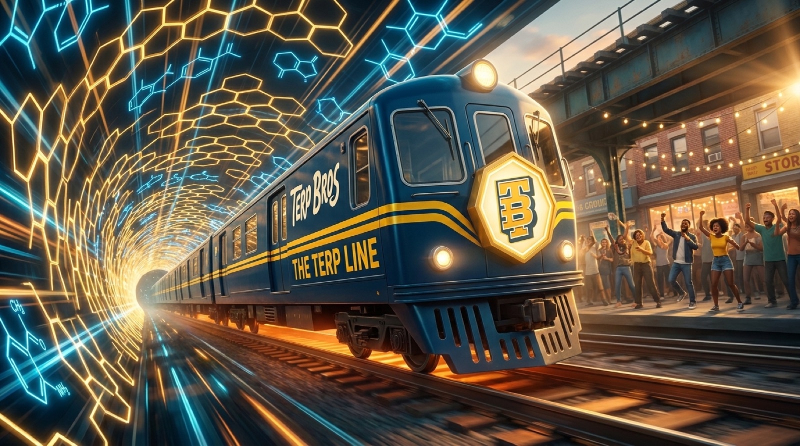 The Terp Line, the Terp Bros branded subway train barreling through a glowing terpene-molecule tunnel toward a Queens block party